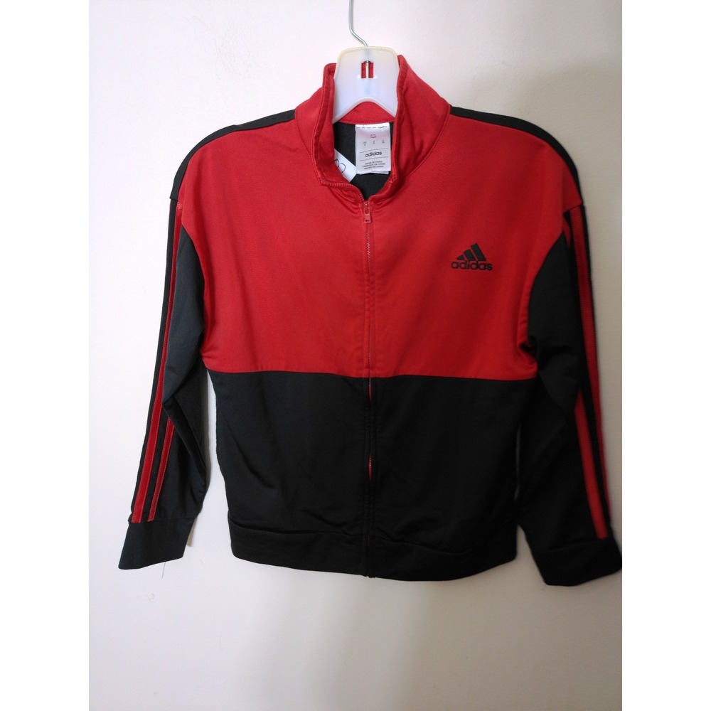 Adidas Track Jacket Youth Small 8 Red Black Colorblock 3-Stripes Athletic Zip